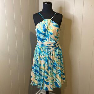 Trina Turk Silk Dress 8 Halter Top Sundress Back Zipper Closure Pleated